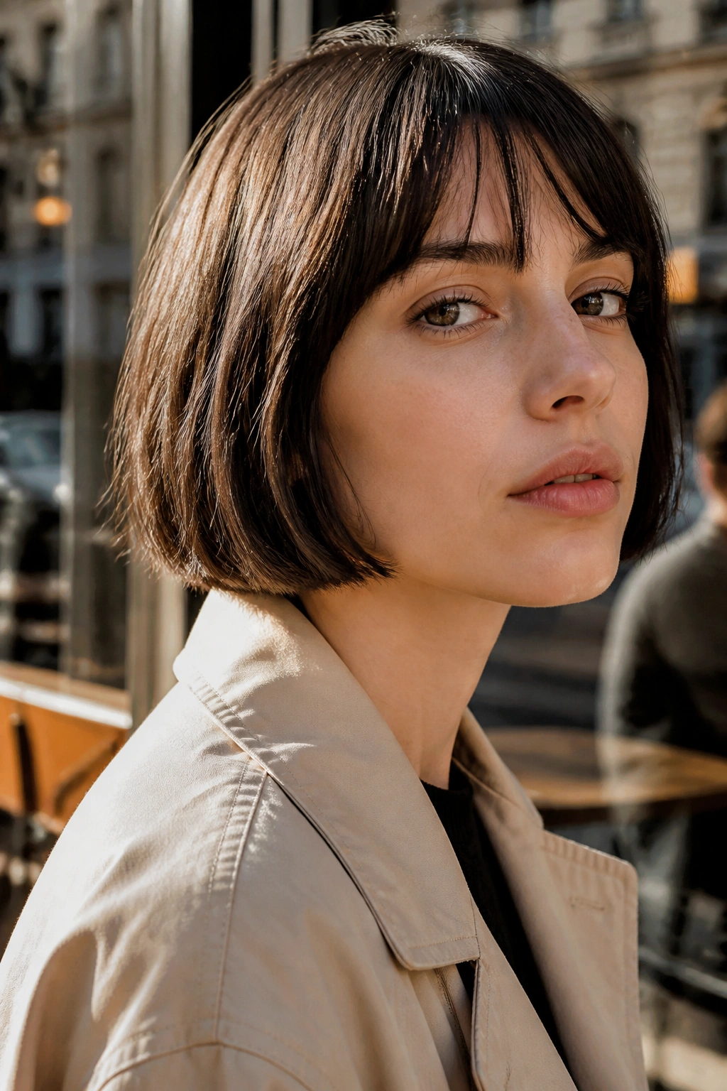 Close-up portrait of a woman with blunt French bob under natural light.