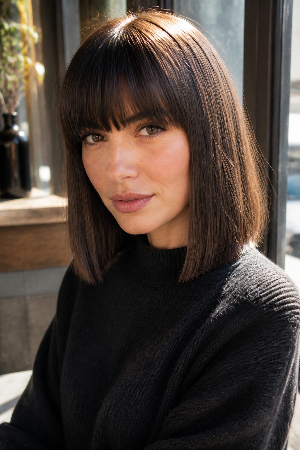 Real woman with blunt long French bob and full fringe in cafe light