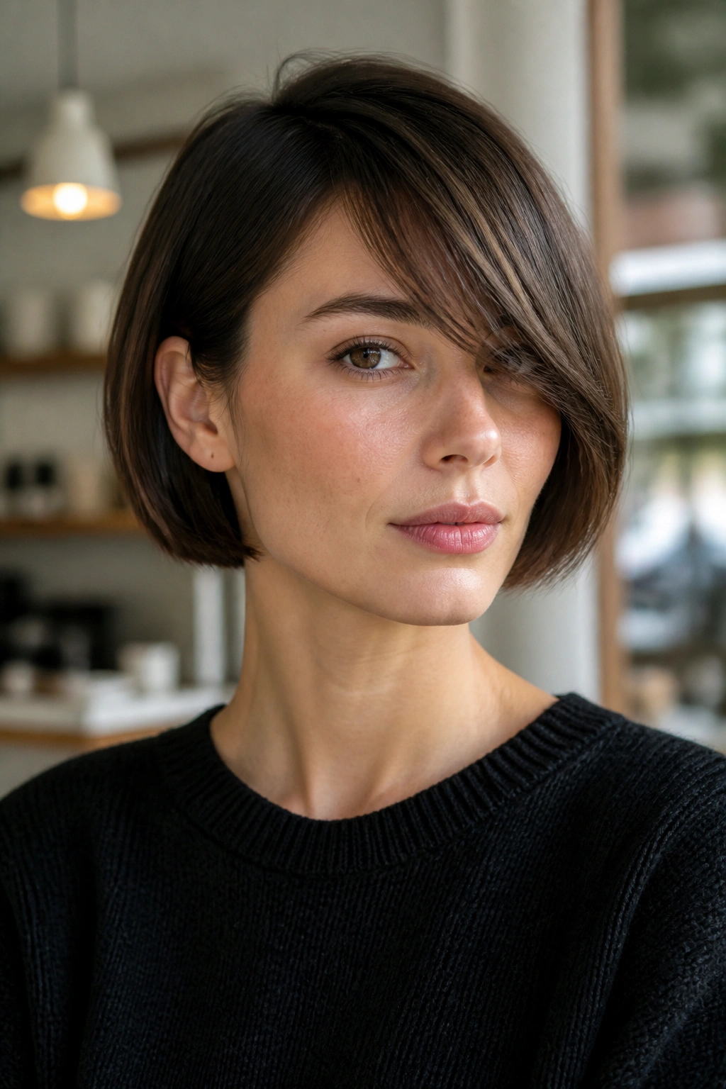 Close-up of a real woman with blunt French bob and long side fringe