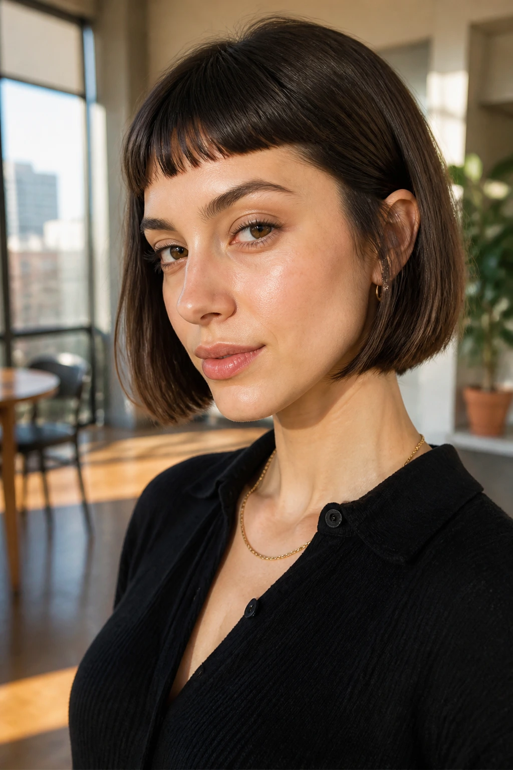 Close-up of a real woman with blunt French bob and micro bangs in a chic apartment