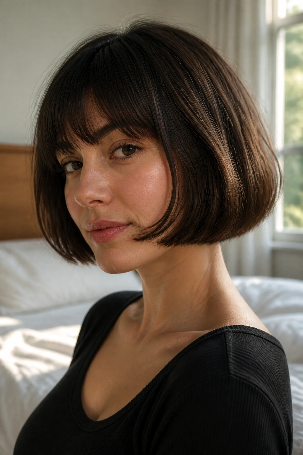 Close-up of a real woman with a blunt jaw-length French bob in warm window-light