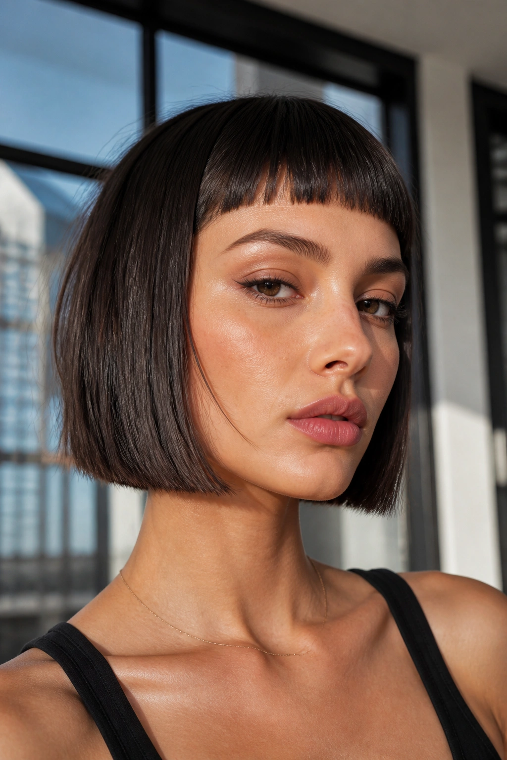 Close-up portrait of a real woman with blunt baby fringe on a sleek chin-length bob in an urban loft.