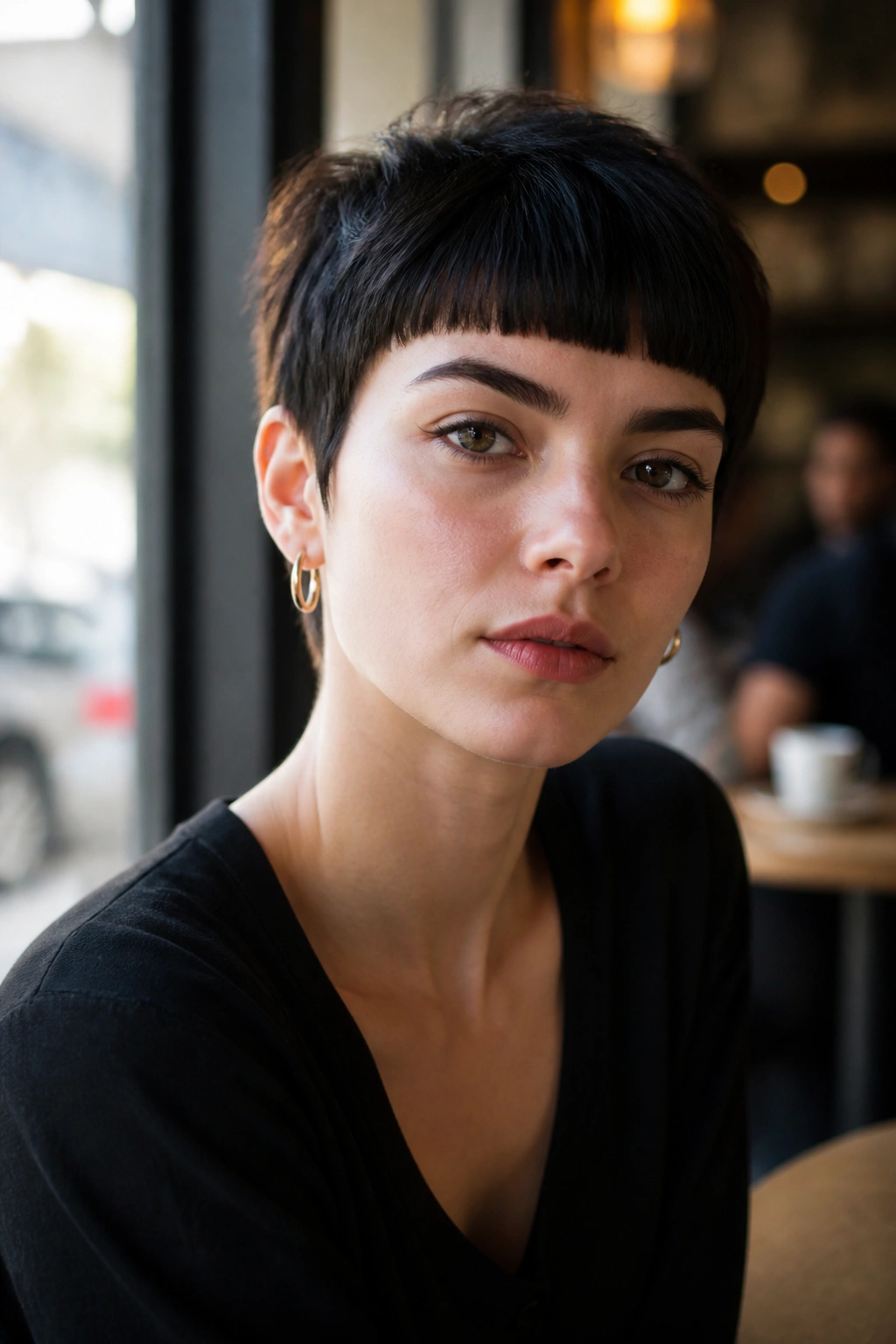 Portrait of a woman with blunt fringe pixie and straight fringe across forehead