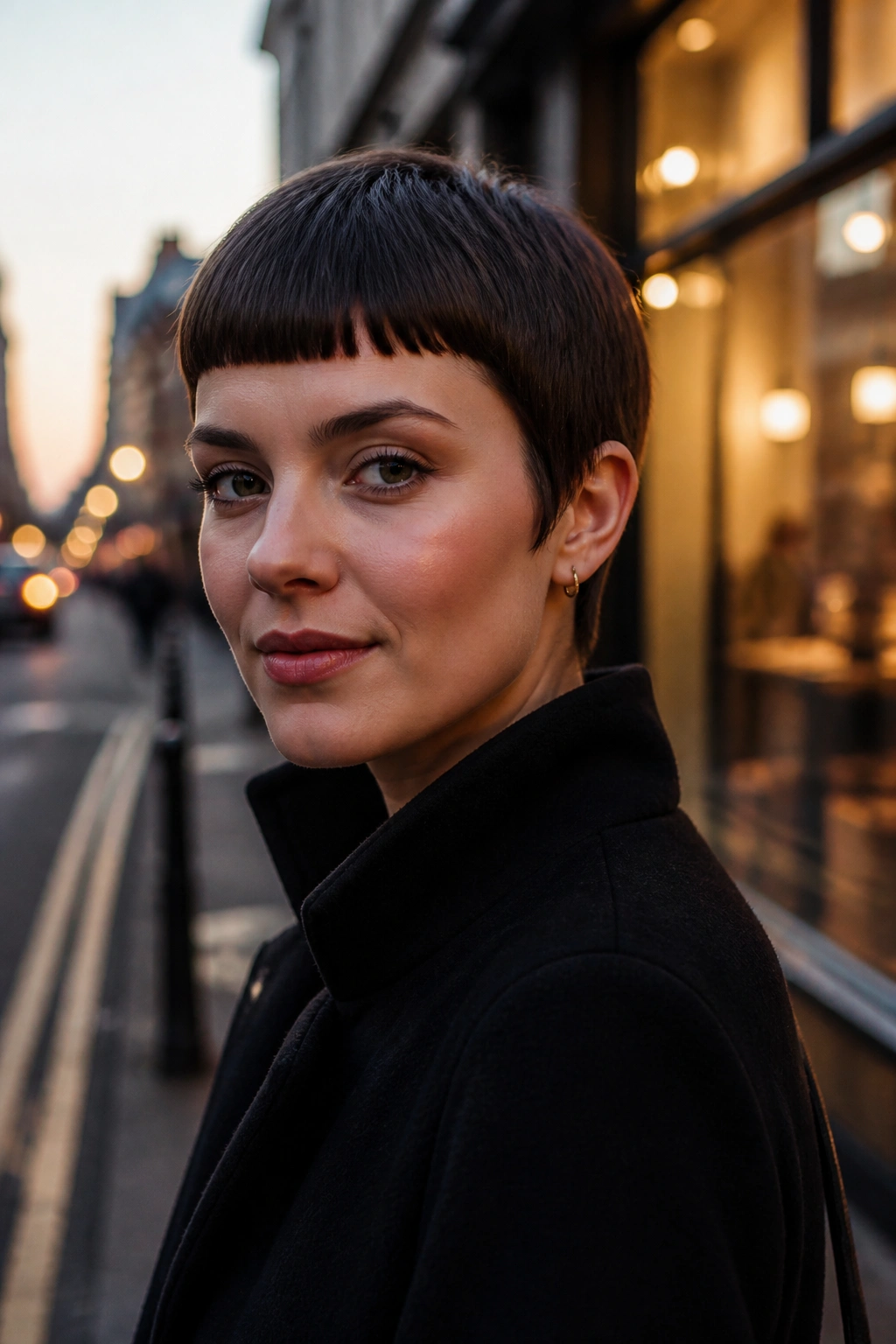 Portrait of a woman with a blunt fringe pixie in urban dusk lighting