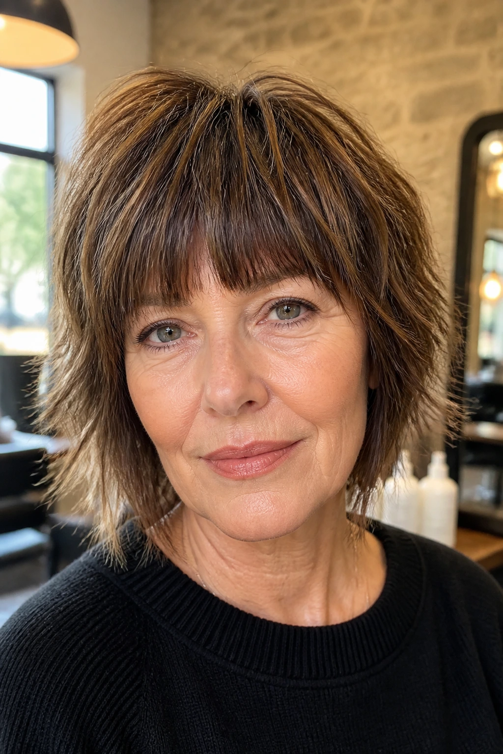 Close-up portrait of a real woman with a blunt fringe and shaggy layers
