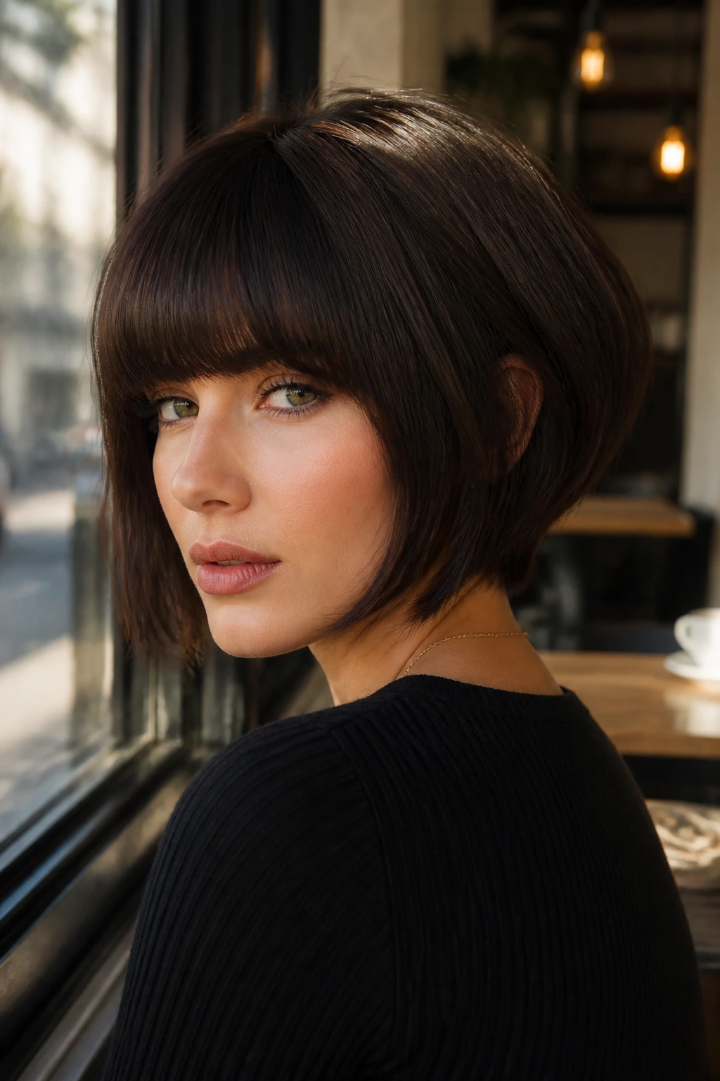 Portrait of woman with blunt fringe stacked bob