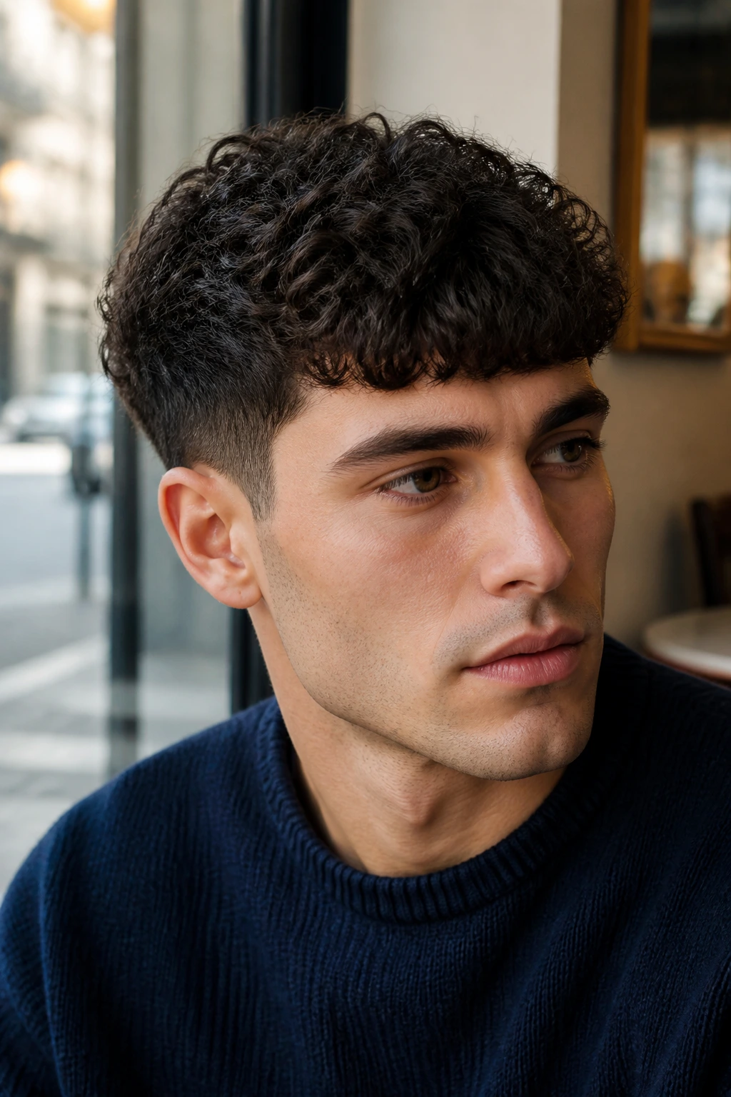 Close-up of a man with a blunt fringe and tapered sides in curly hair.