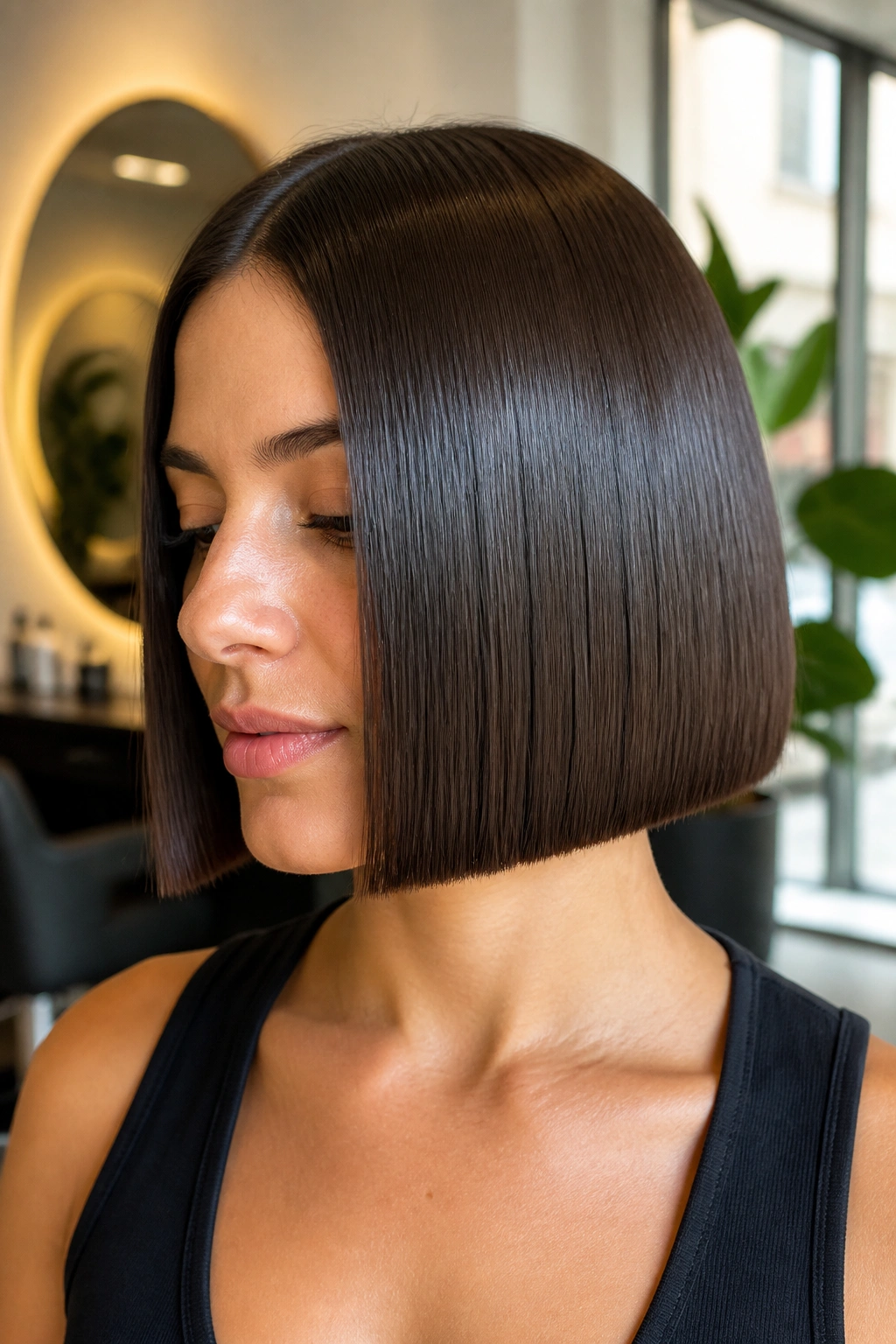 Close-up of a real woman with a blunt glass bob and glossy straight hair