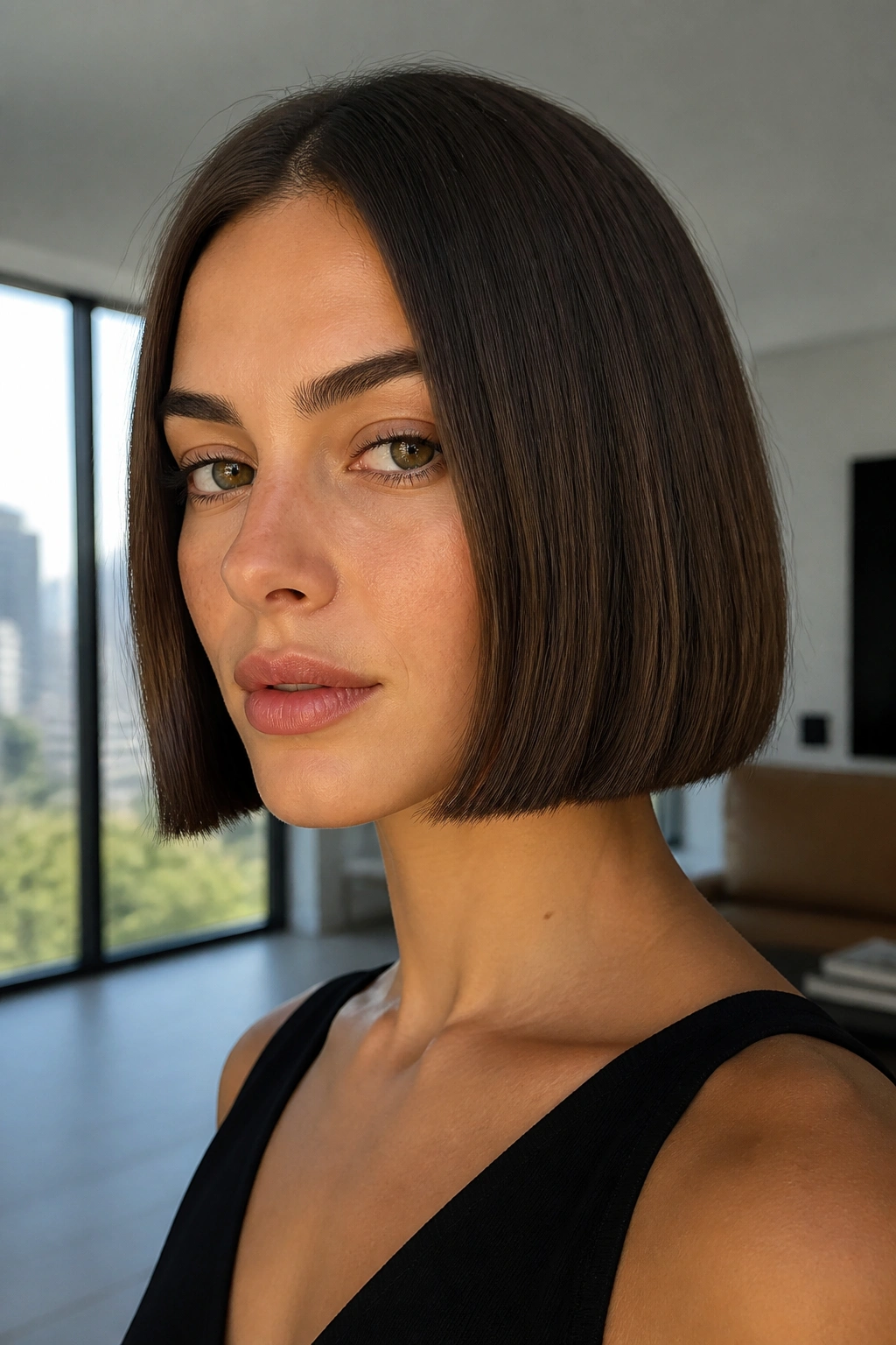 Close-up portrait of a real woman with a clean blunt jaw-length bob