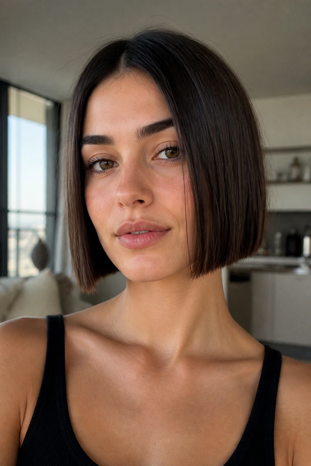 Portrait of a person with a blunt jaw-length bob and crisp jawline