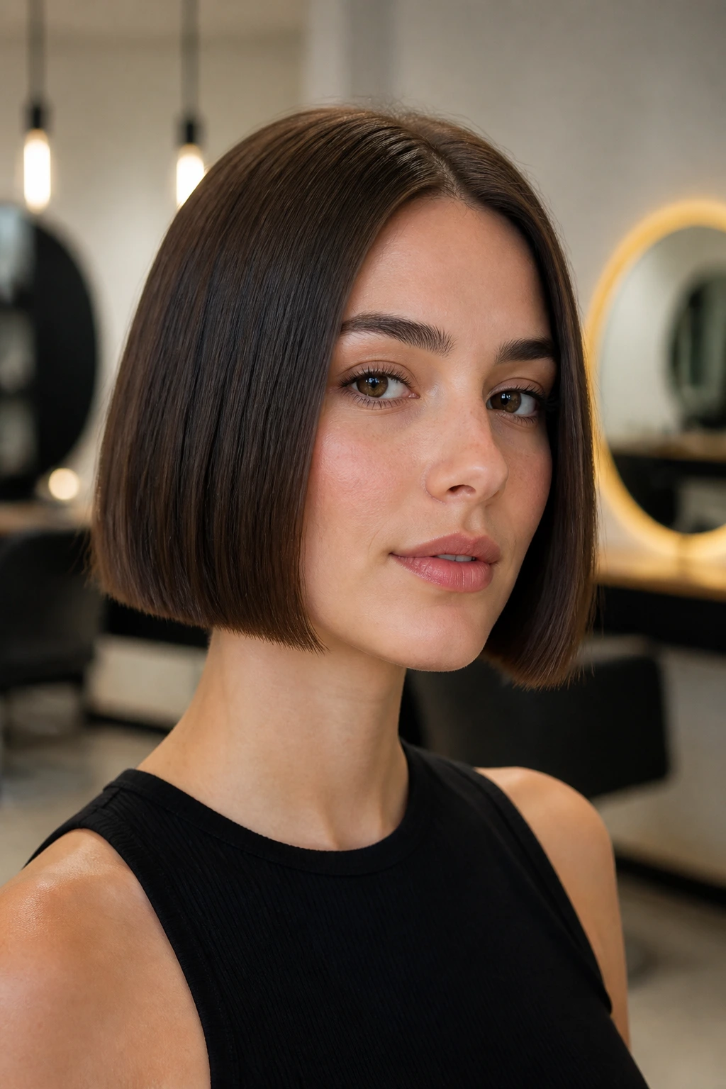 Real woman with blunt jaw-length bob against warm salon lighting