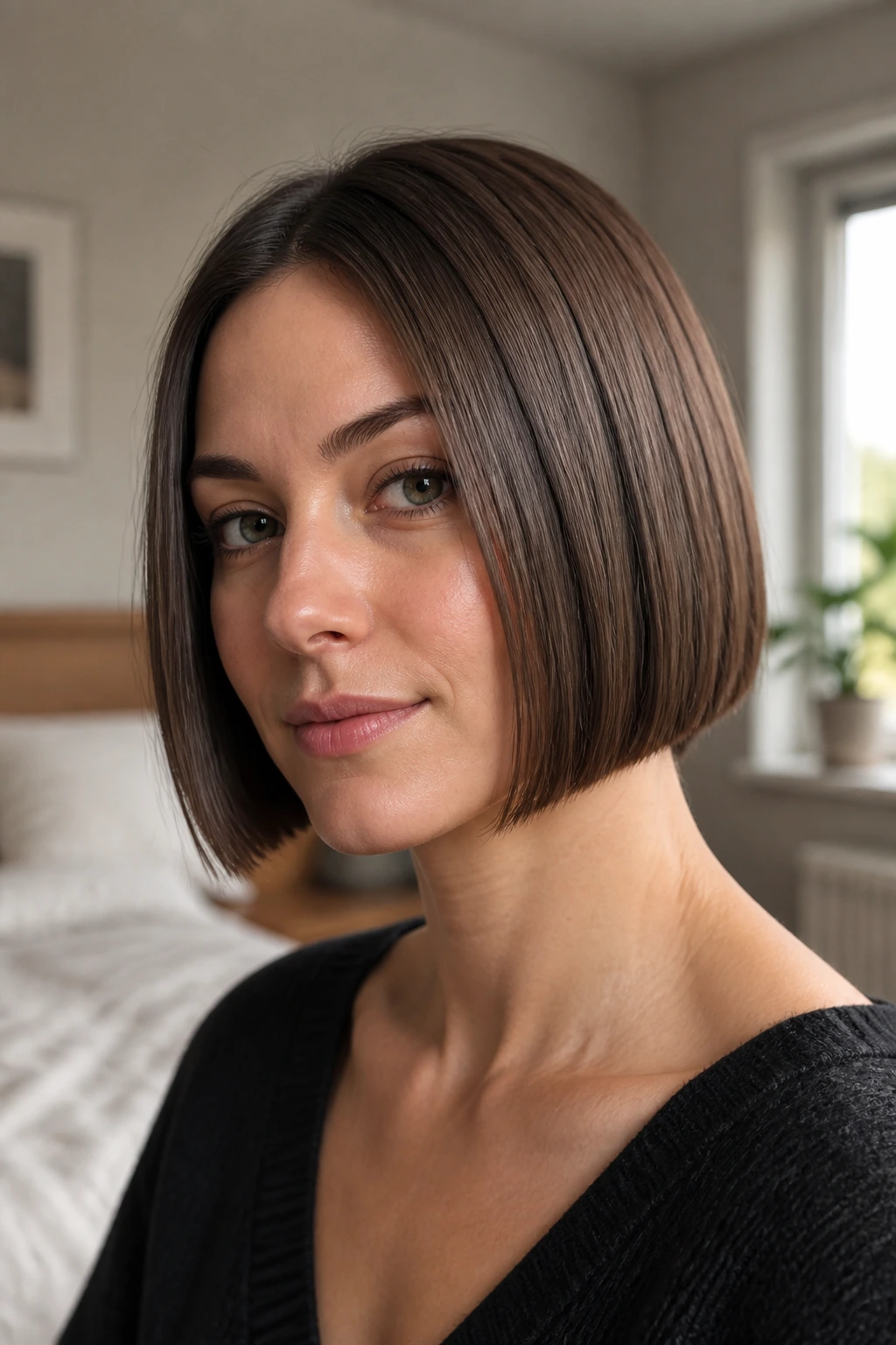 Close-up of a real woman with a blunt jaw-length bob and a crisp jawline edge.