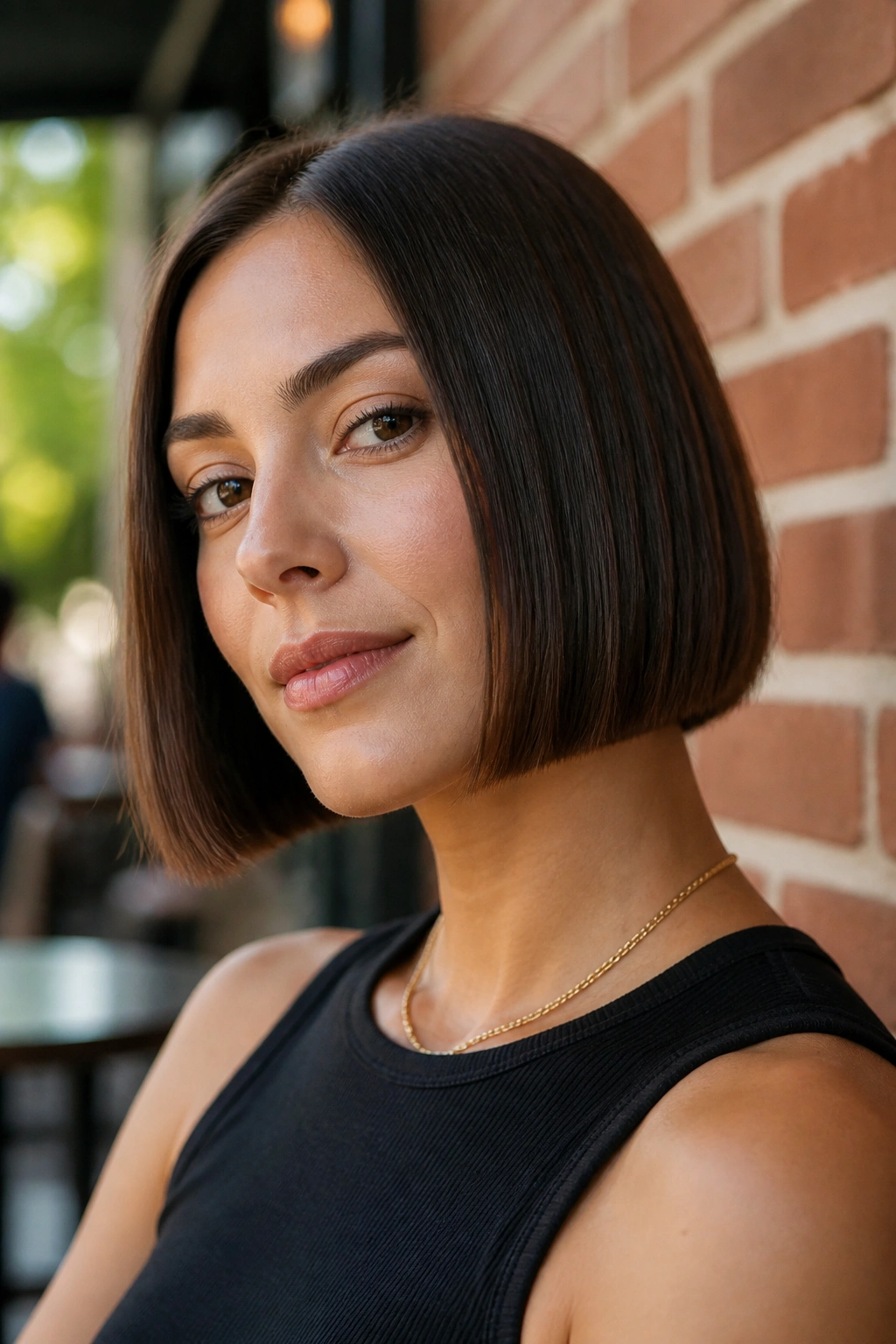 Portrait of a woman with blunt jaw-length bob against brick wall background.