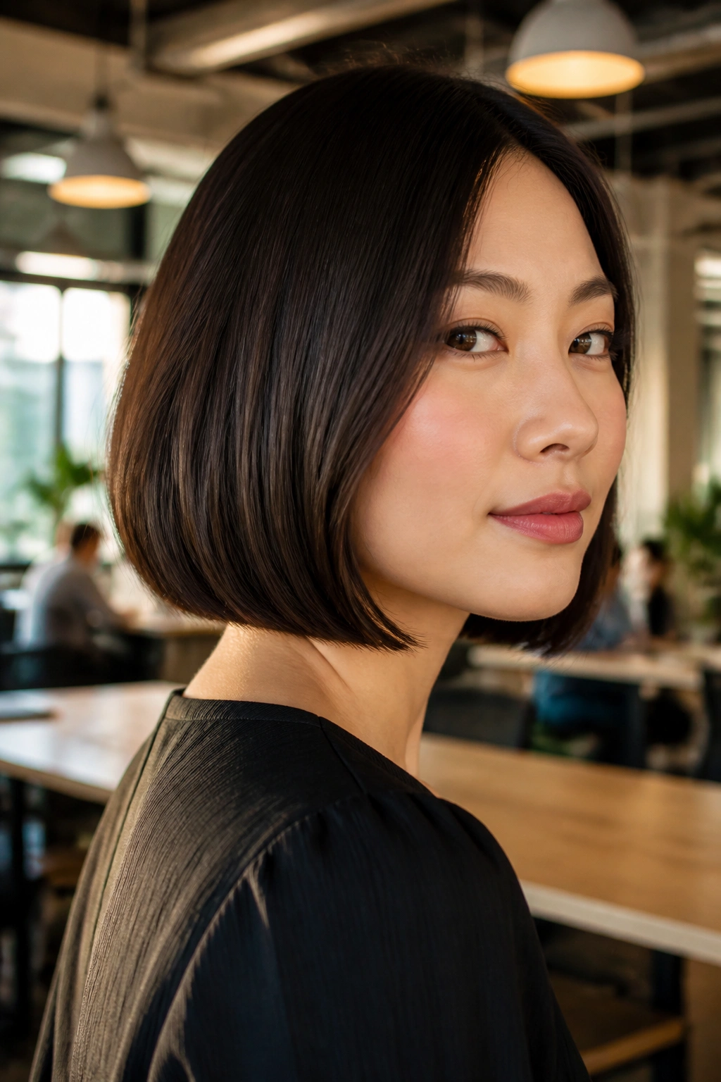 Real person with blunt lob and beveled ends in a coworking space