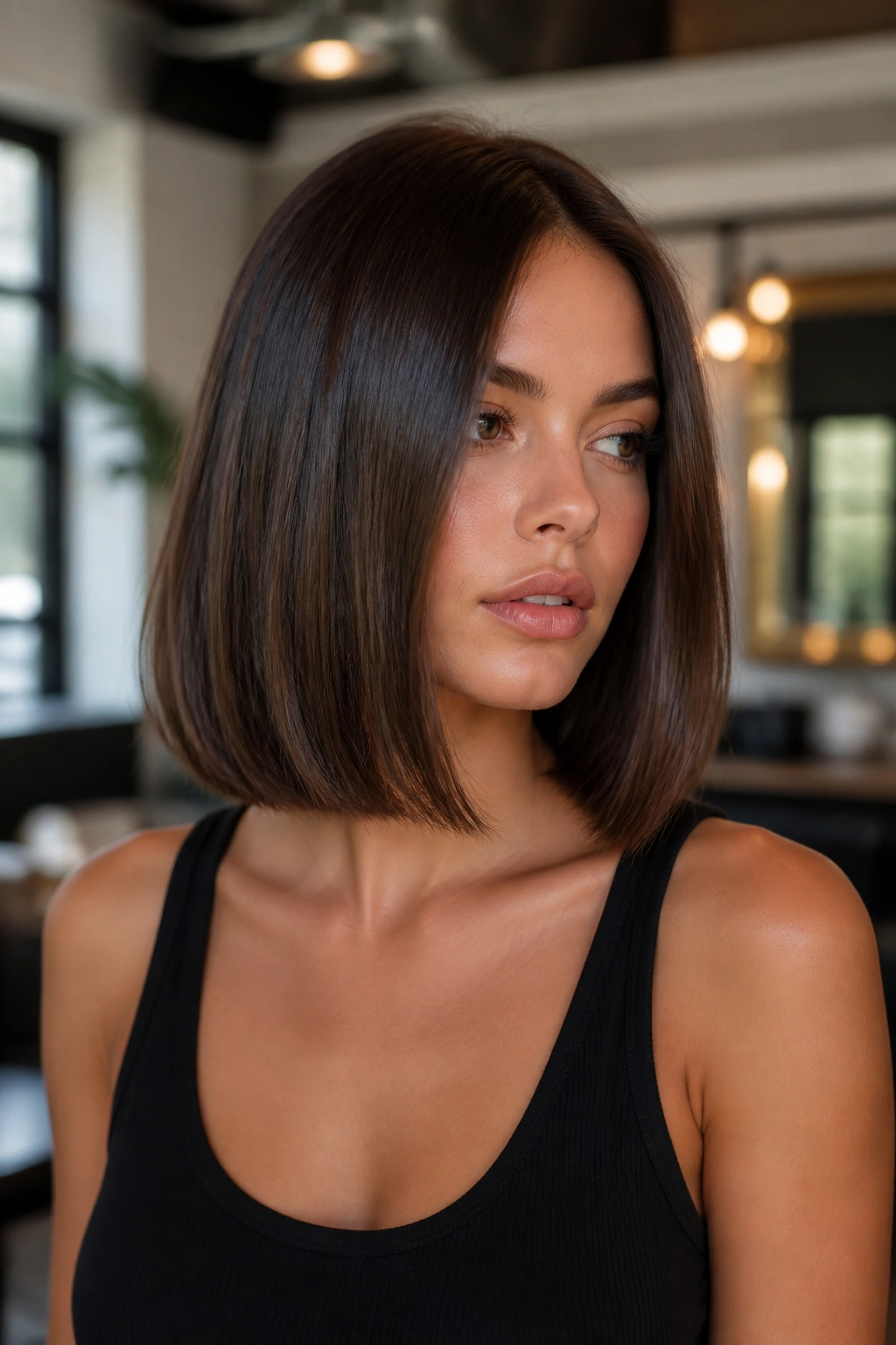Brunette with blunt collarbone-length lob and crisp ends