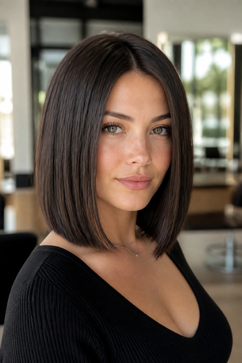 Close-up of real woman with blunt lob at collarbone length under natural salon lighting