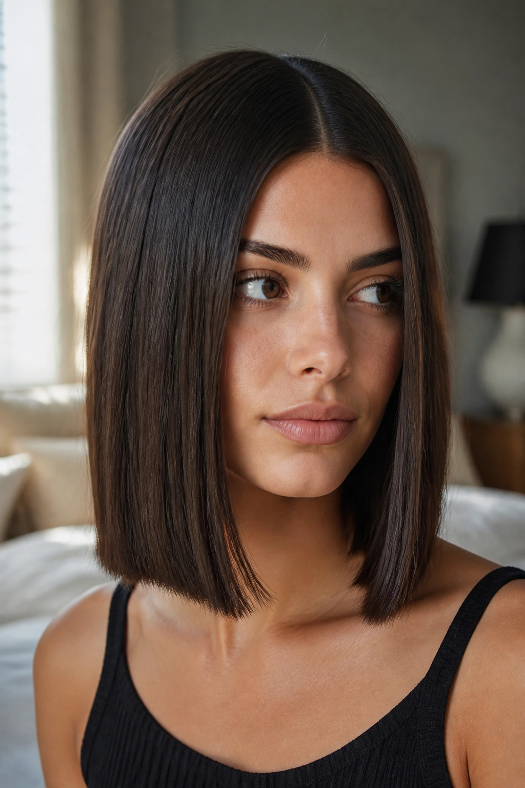 Close-up portrait of a real woman with a blunt, collarbone-length One-Length Lob with a Deep Center Part under natural light