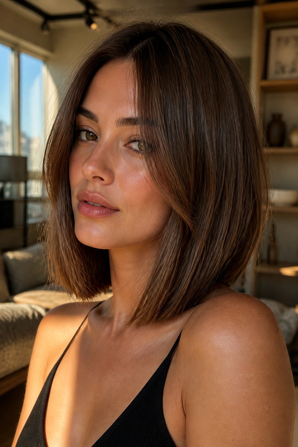 Close-up of real woman with blunt lob and face-framing layers