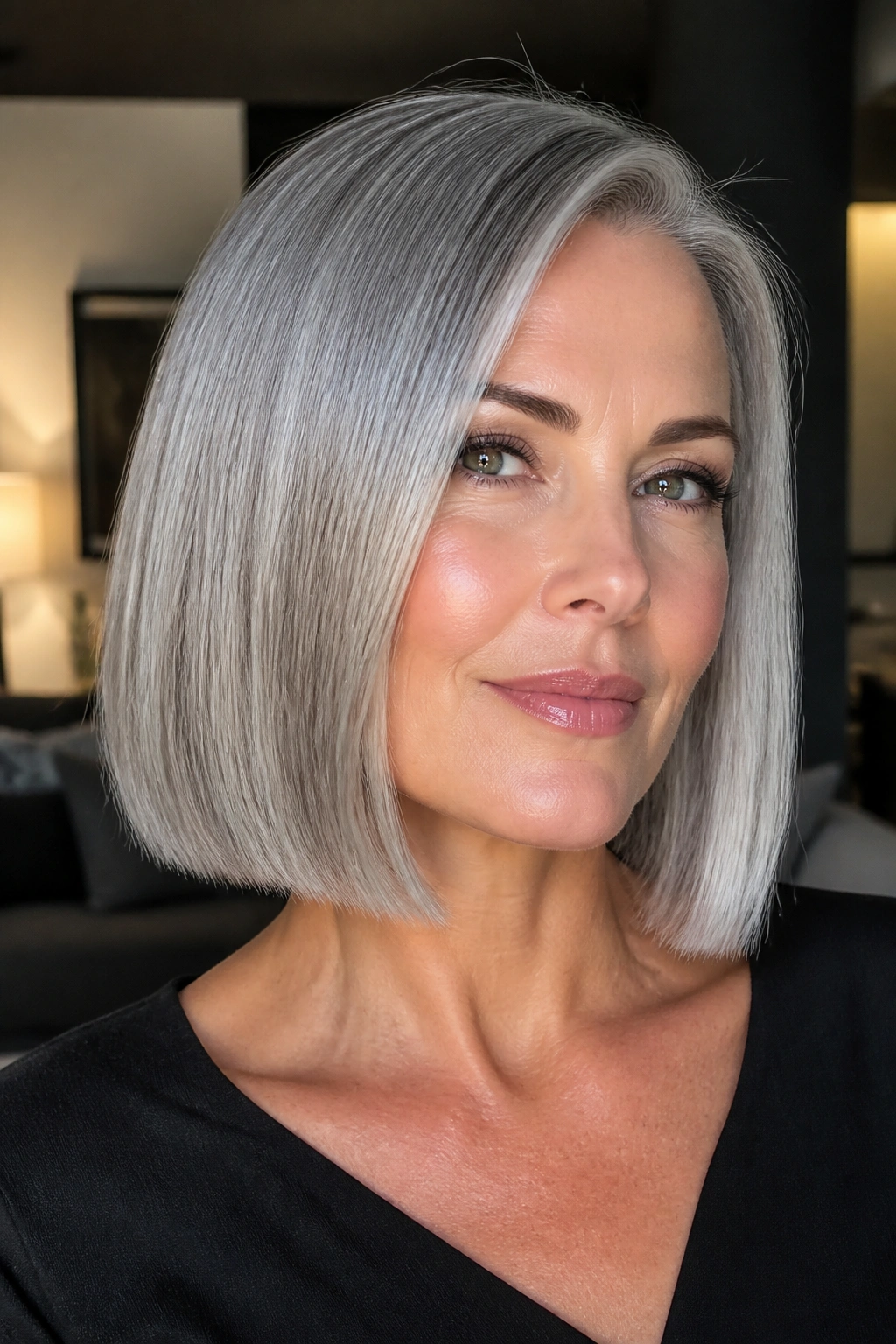 Close-up of a real woman with a glossy blunt lob in grey hair