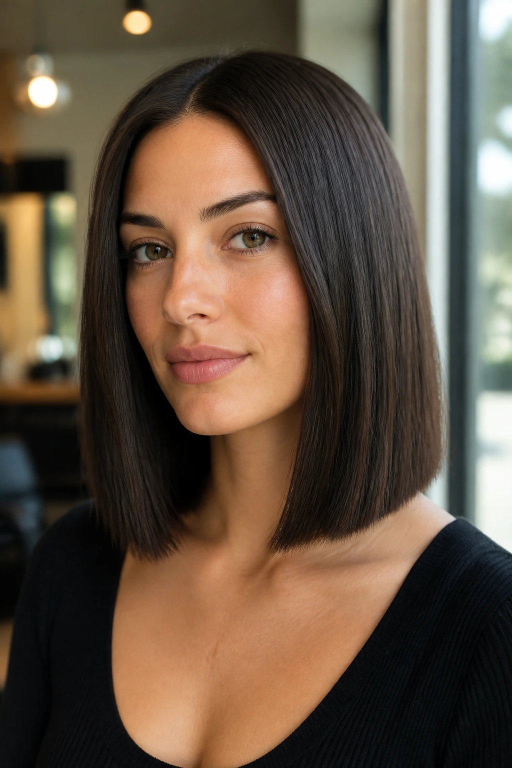 Close-up of a real woman with a blunt lob at collarbone length in a sunlit salon