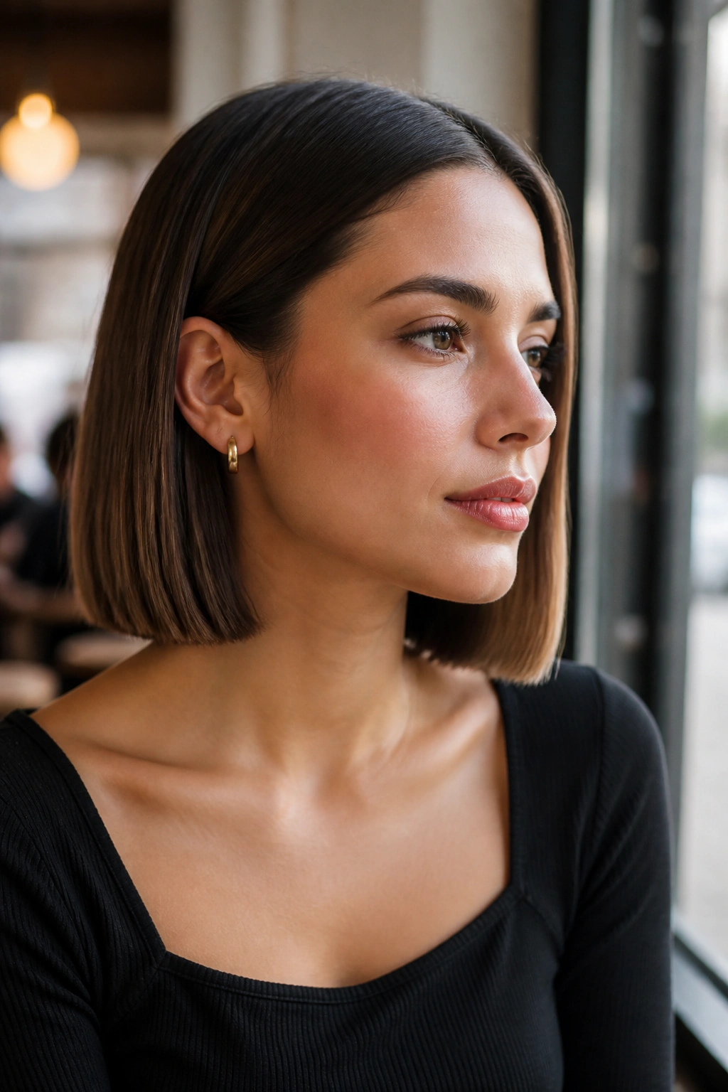 Close-up of a real woman with a blunt one-length lob.