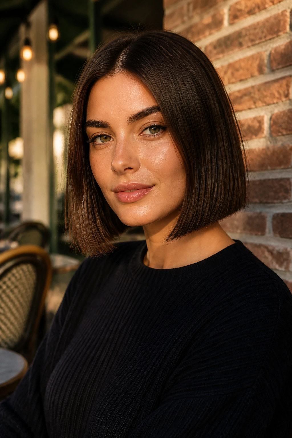 Close-up of a real woman with a blunt lob haircut