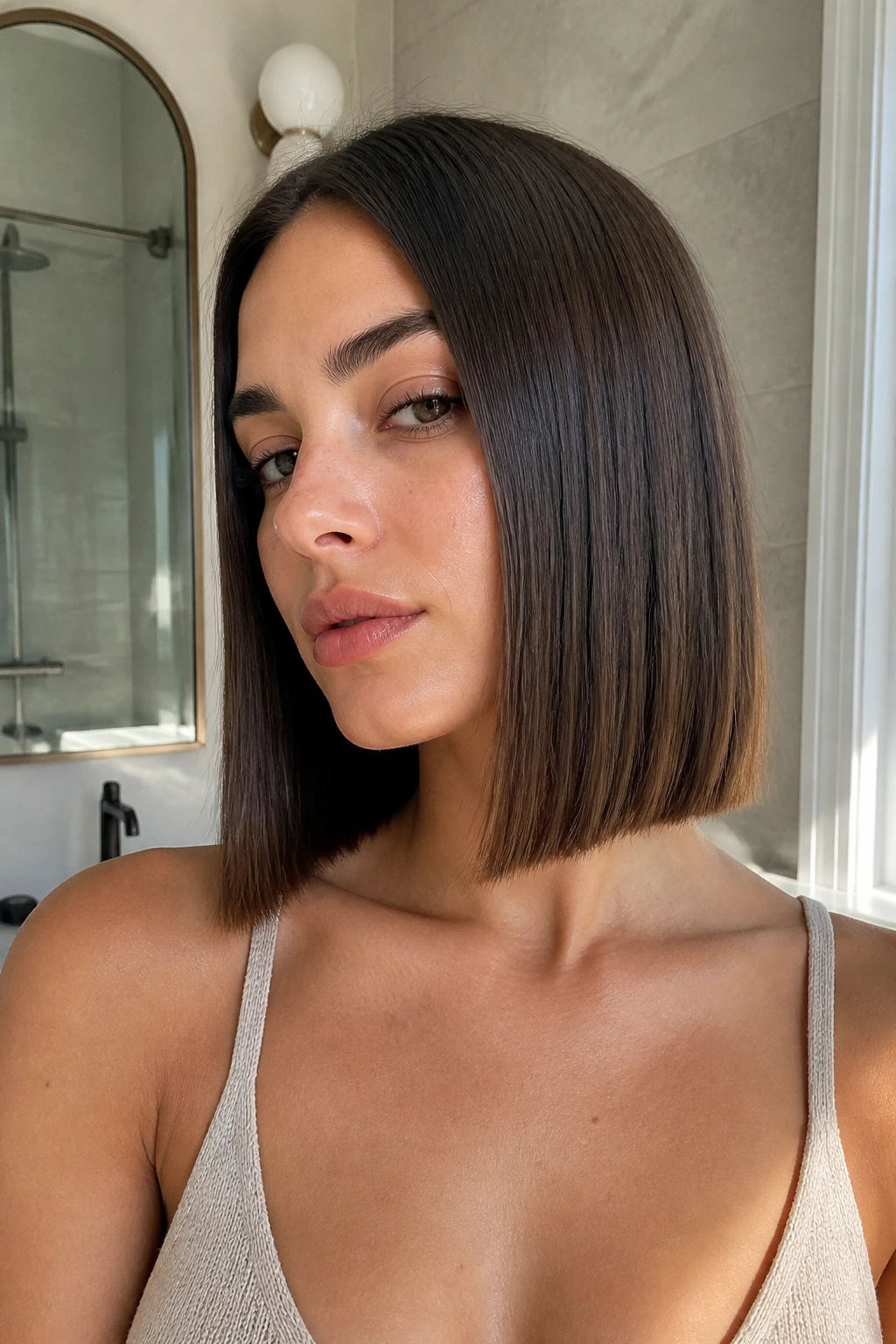 Close-up portrait of a real woman with a classic blunt lob haircut