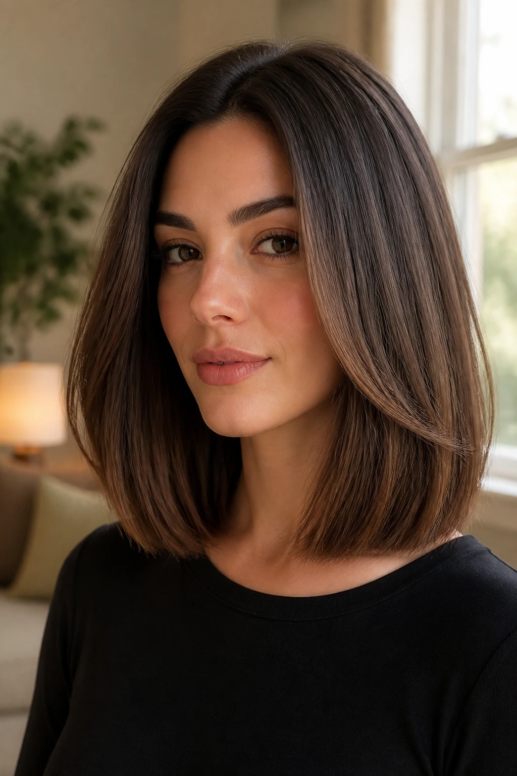 Close-up portrait of a real woman with a classic blunt lob hairstyle showing soft internal weight