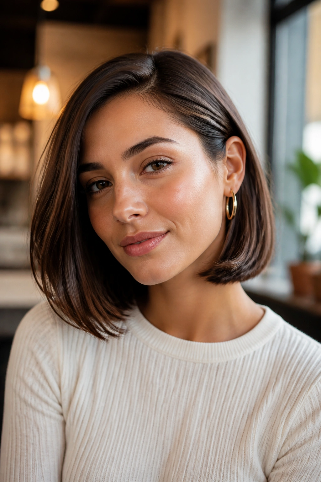 Close-up real-woman portrait with a blunt lob and tucked ends