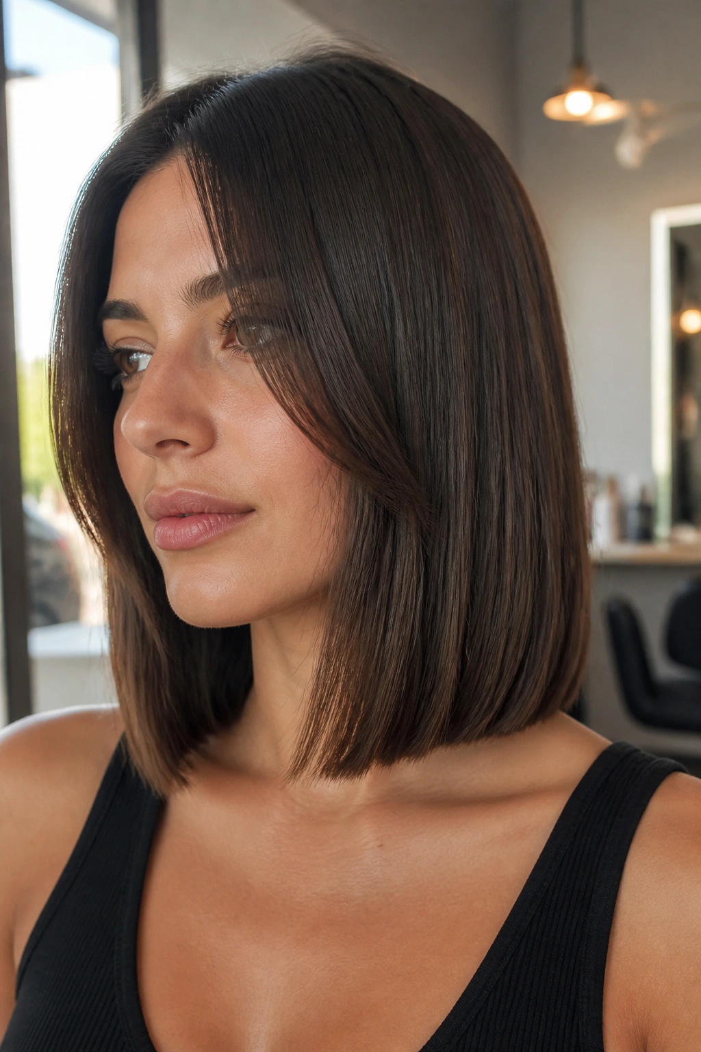 Portrait of a woman with blunt lob and hidden interior layers in a salon.