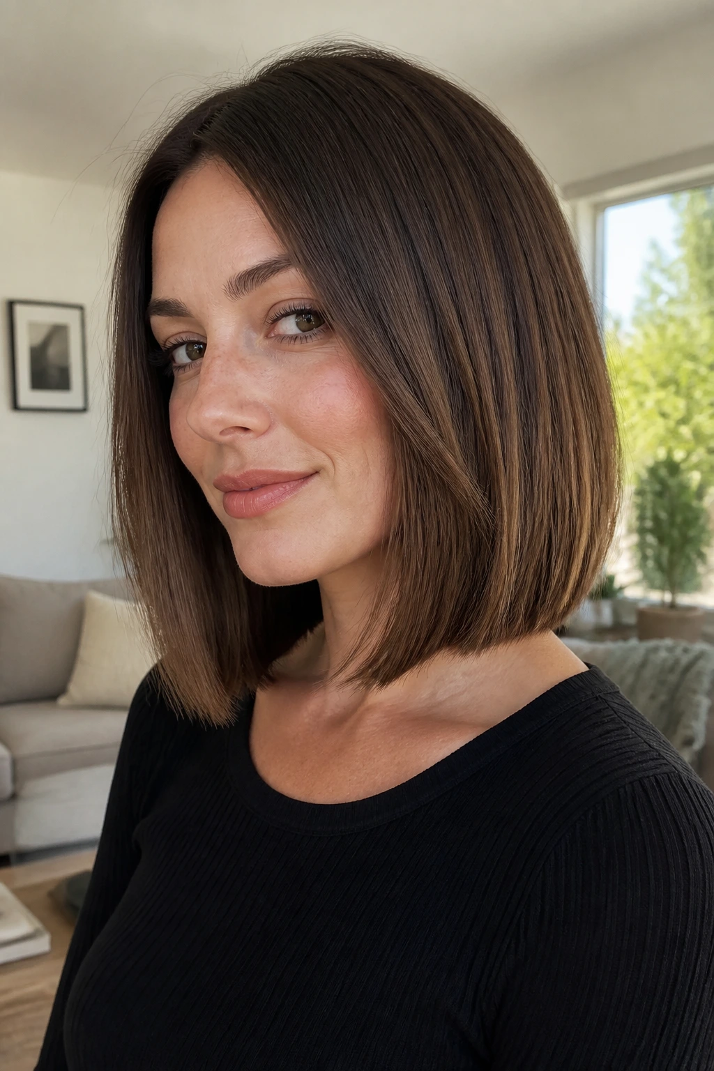 Close-up portrait of a woman with a blunt lob and hidden internal layers.