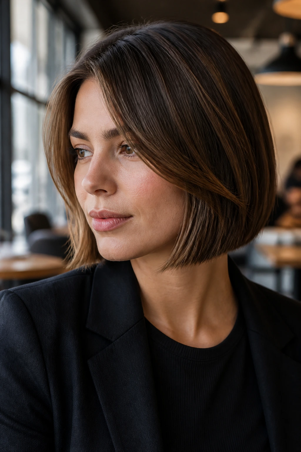 Real woman with blunt lob and inner layers, polished and textured