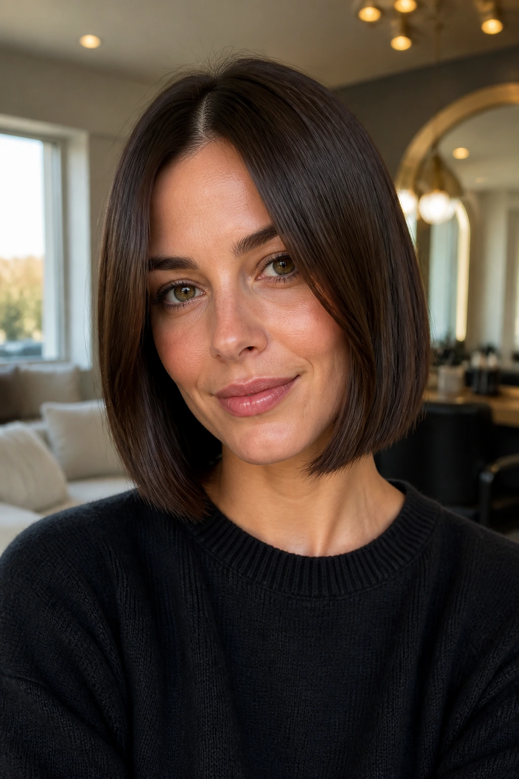 Close-up portrait of a real woman with a rich brunette blunt lob and crisp ends.