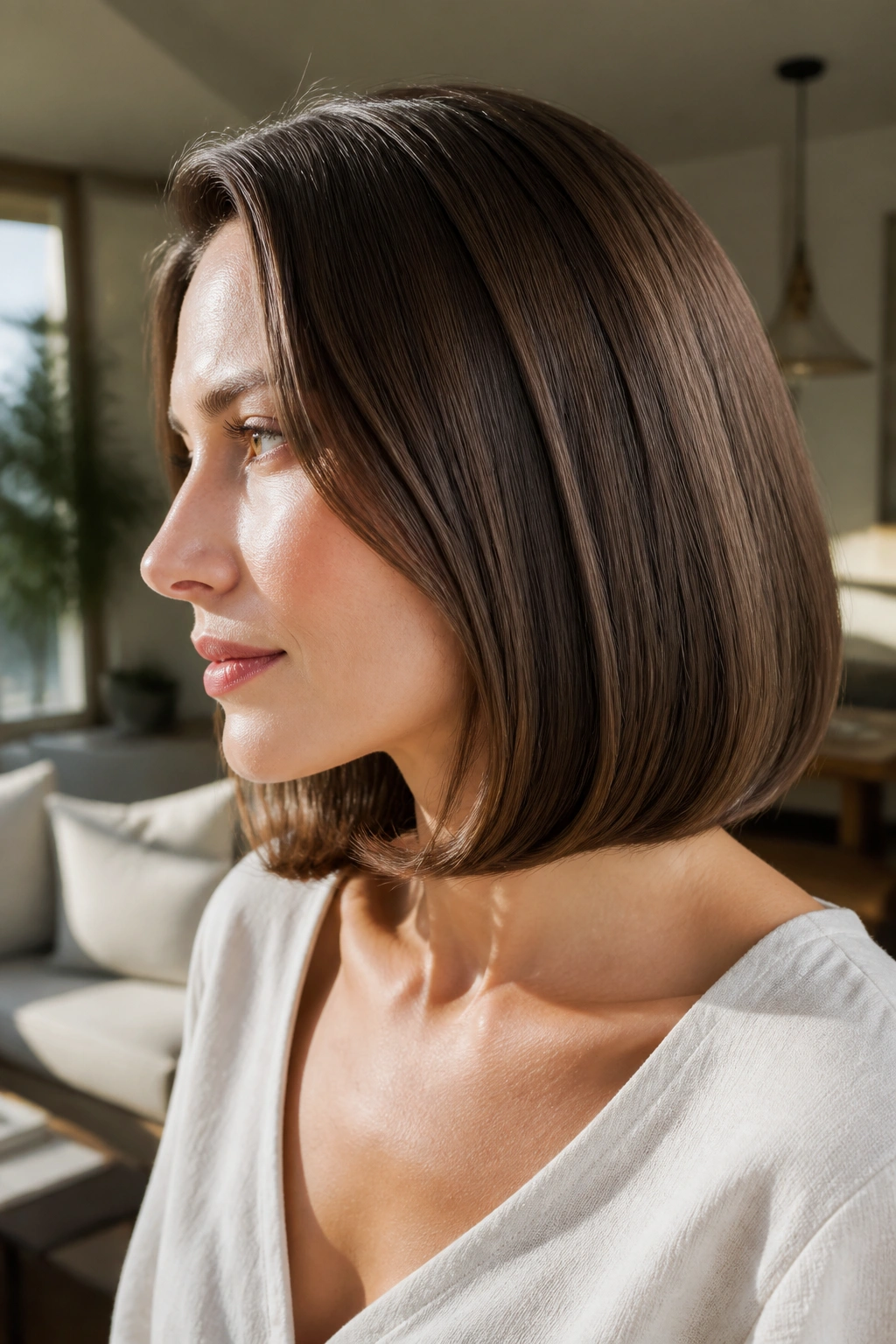 Profile view of a woman with a blunt lob and rounded ends
