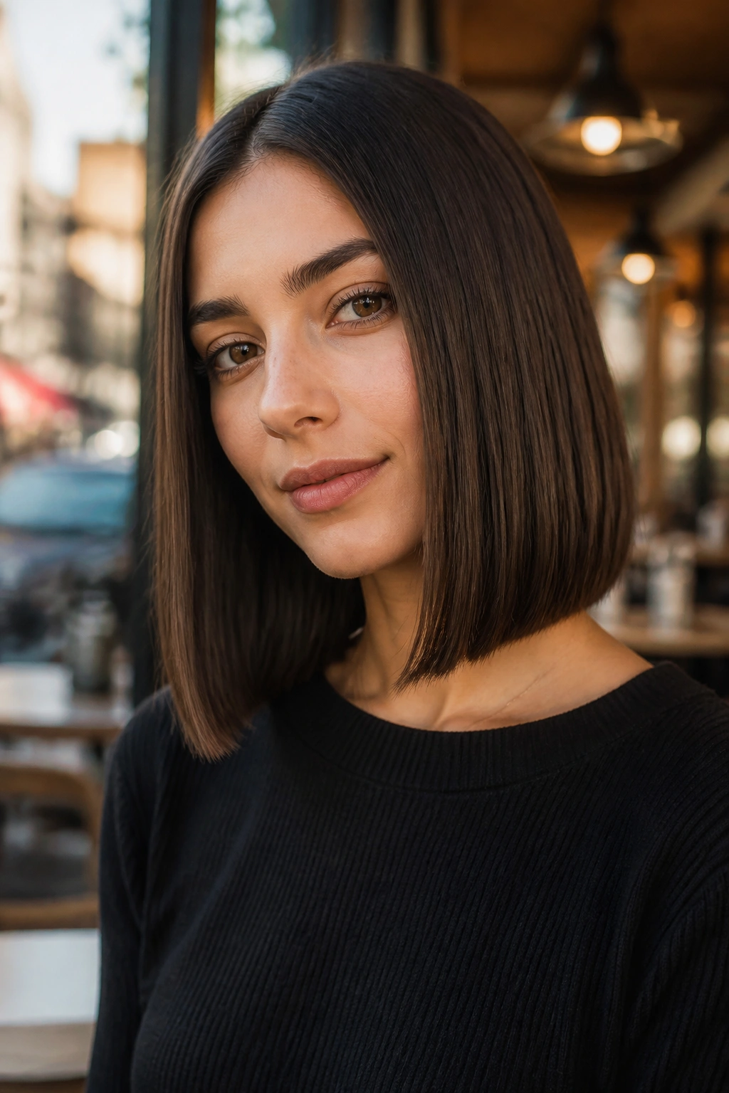 Portrait of a real woman with a blunt lob and sharp ends.