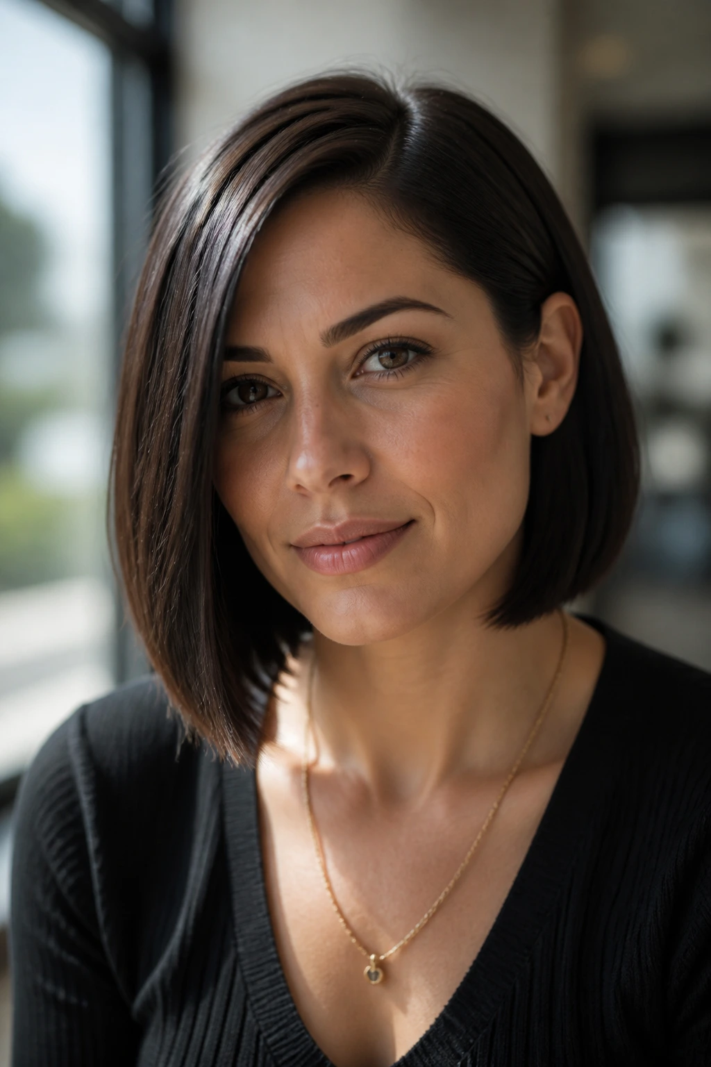 Close-up portrait of a woman with a side-part blunt lob