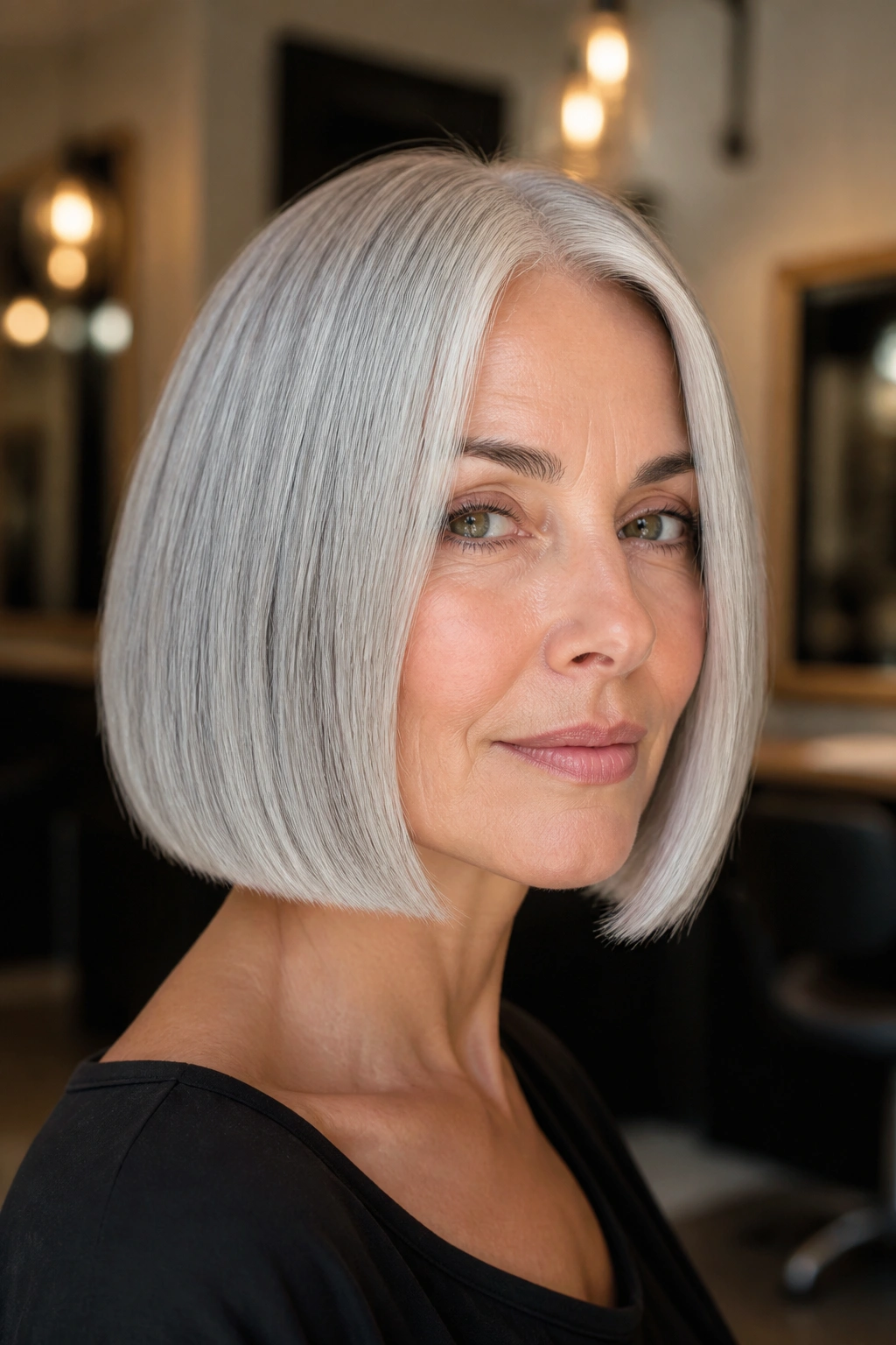 Close-up portrait of a real woman with a sleek blunt lob on silver-gray hair under warm salon lighting
