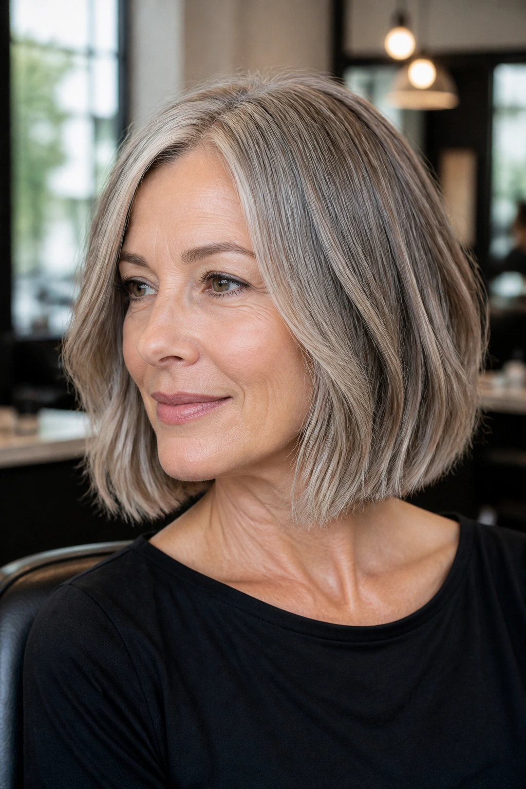 Close-up of real woman with blunt lob and internal texture on gray hair
