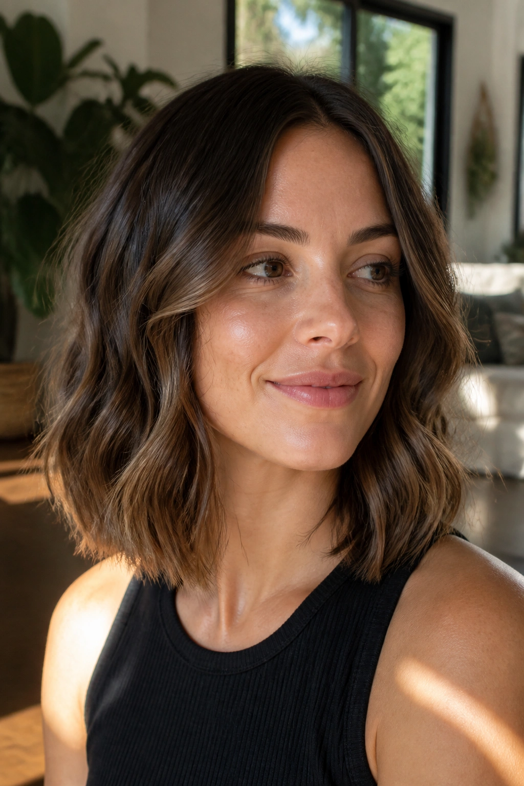 Close-up of a real woman with a blunt lob and soft waves