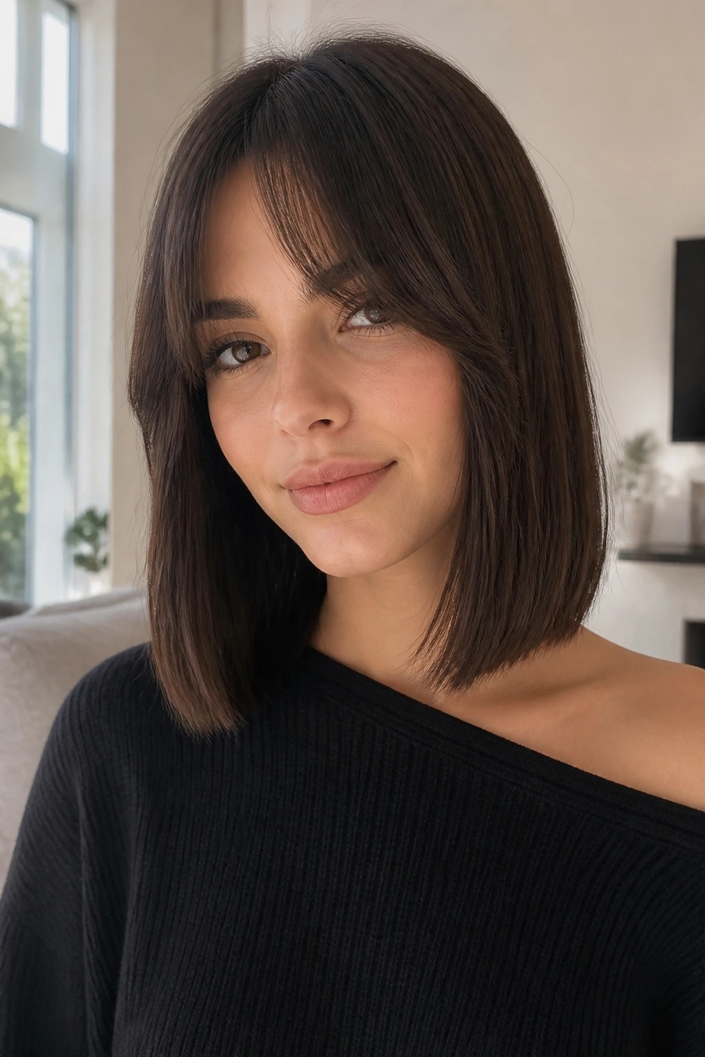 Close-up portrait of a real woman with a blunt long bob and curtain bangs.