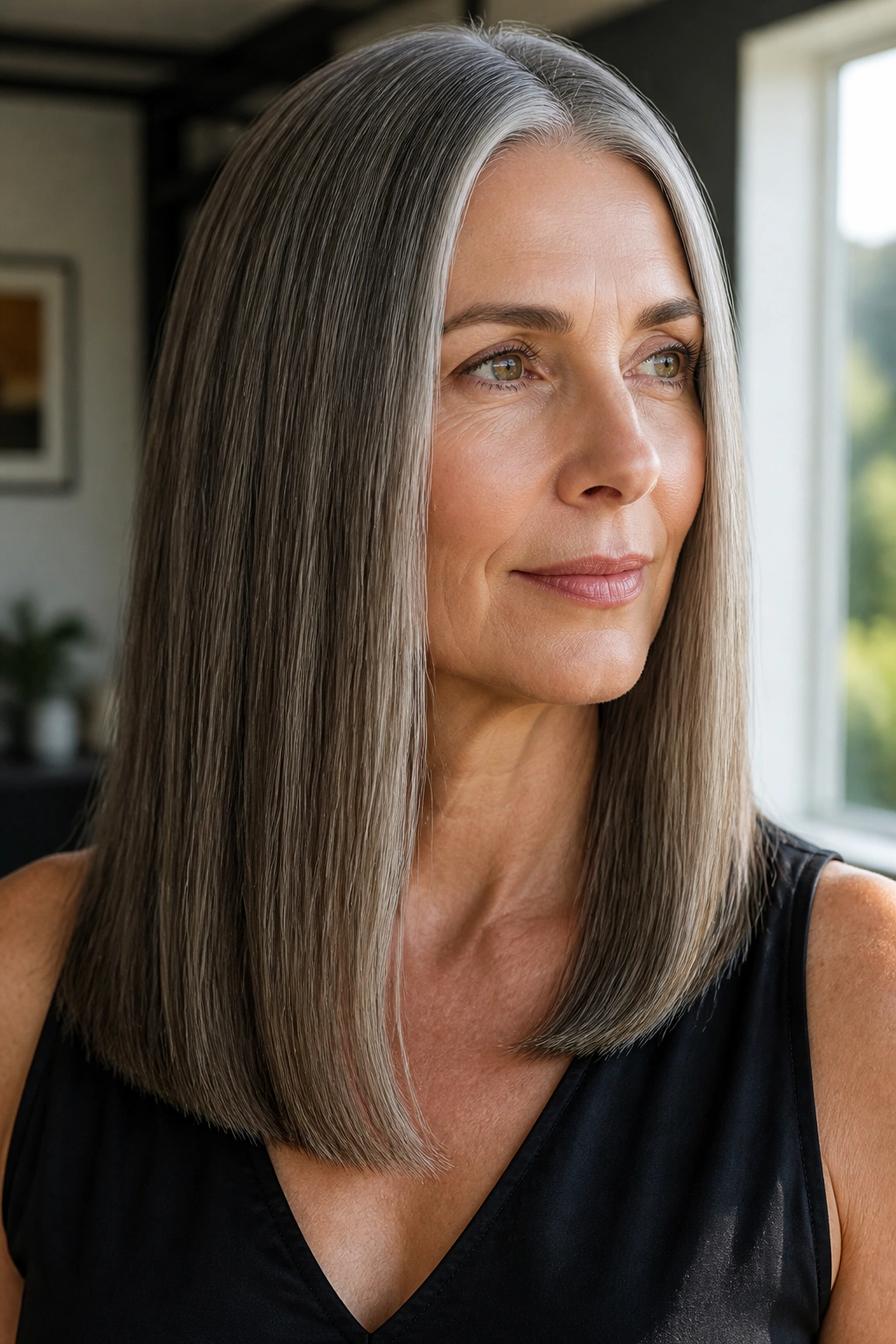 Close-up portrait of a real woman with a crisp blunt long cut, hair below collarbone.
