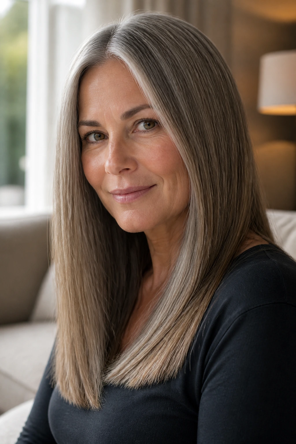 Close-up portrait of a real woman with blunt long cut showing hidden internal texture and natural light.
