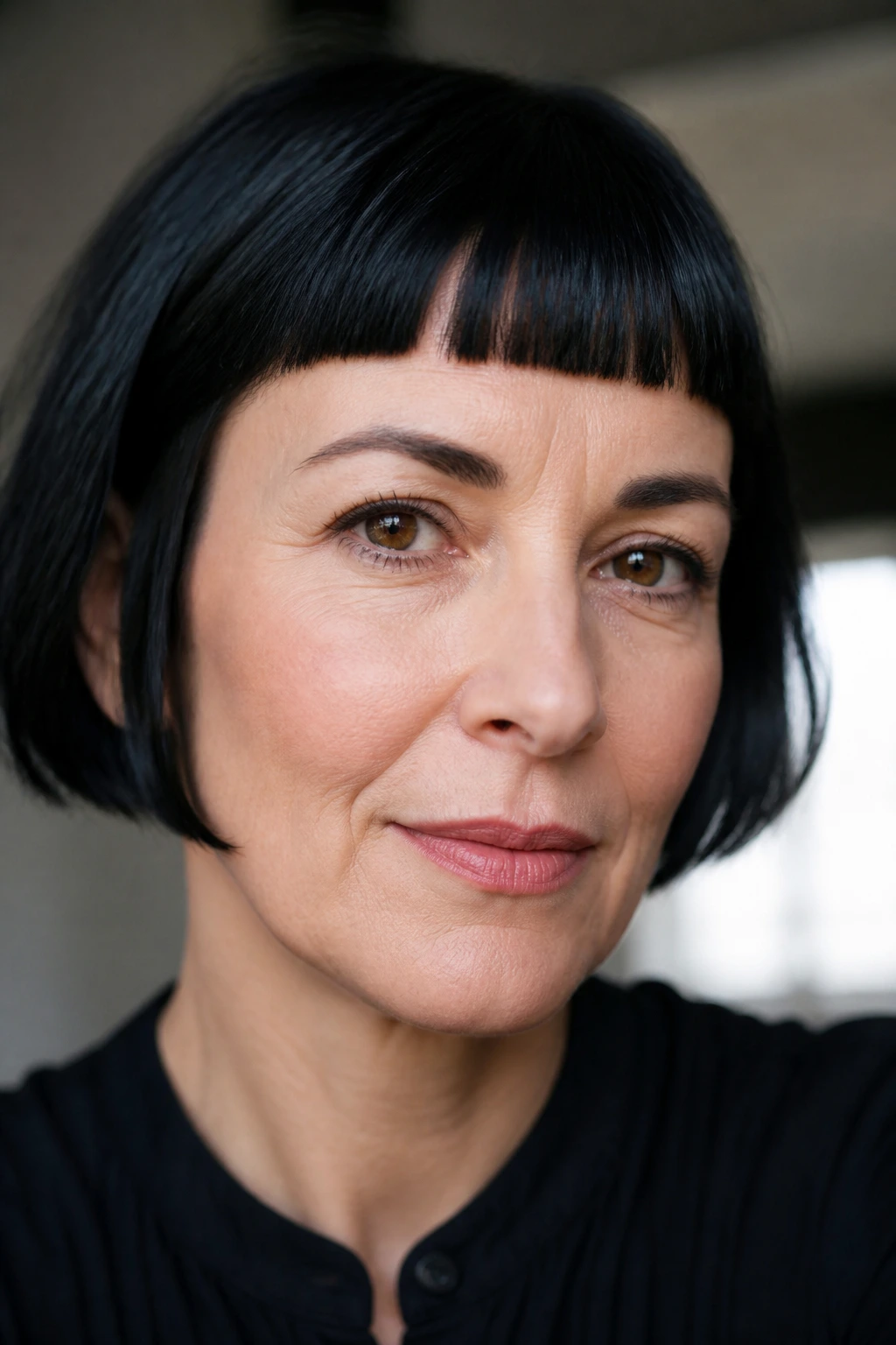 Close-up of a real woman with blunt micro bangs above the eyebrows.