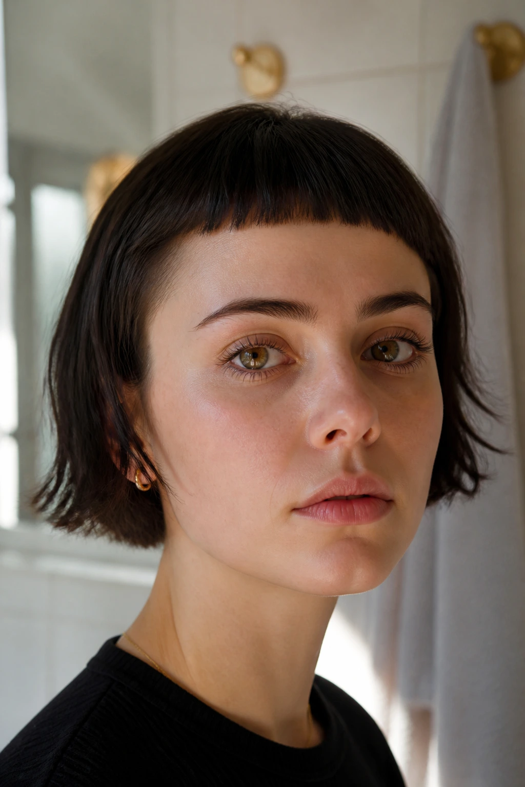 Close-up portrait of a real woman with blunt micro bangs in soft natural light