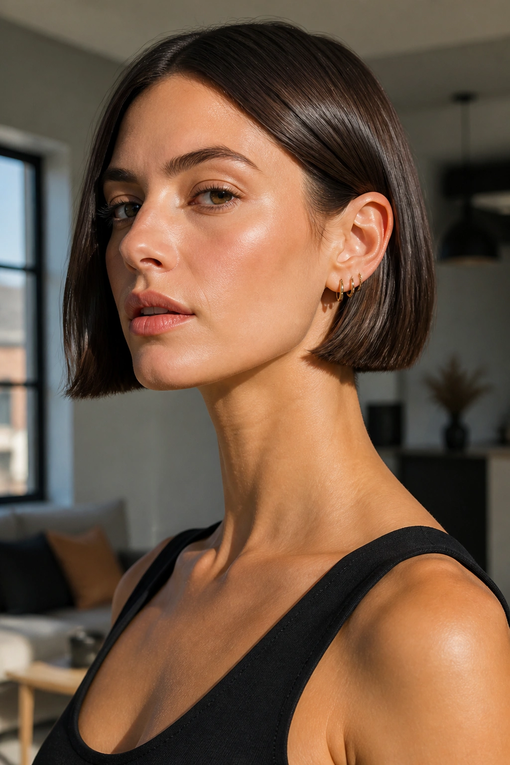 Close-up of a real woman with a blunt micro bob and crisp edge