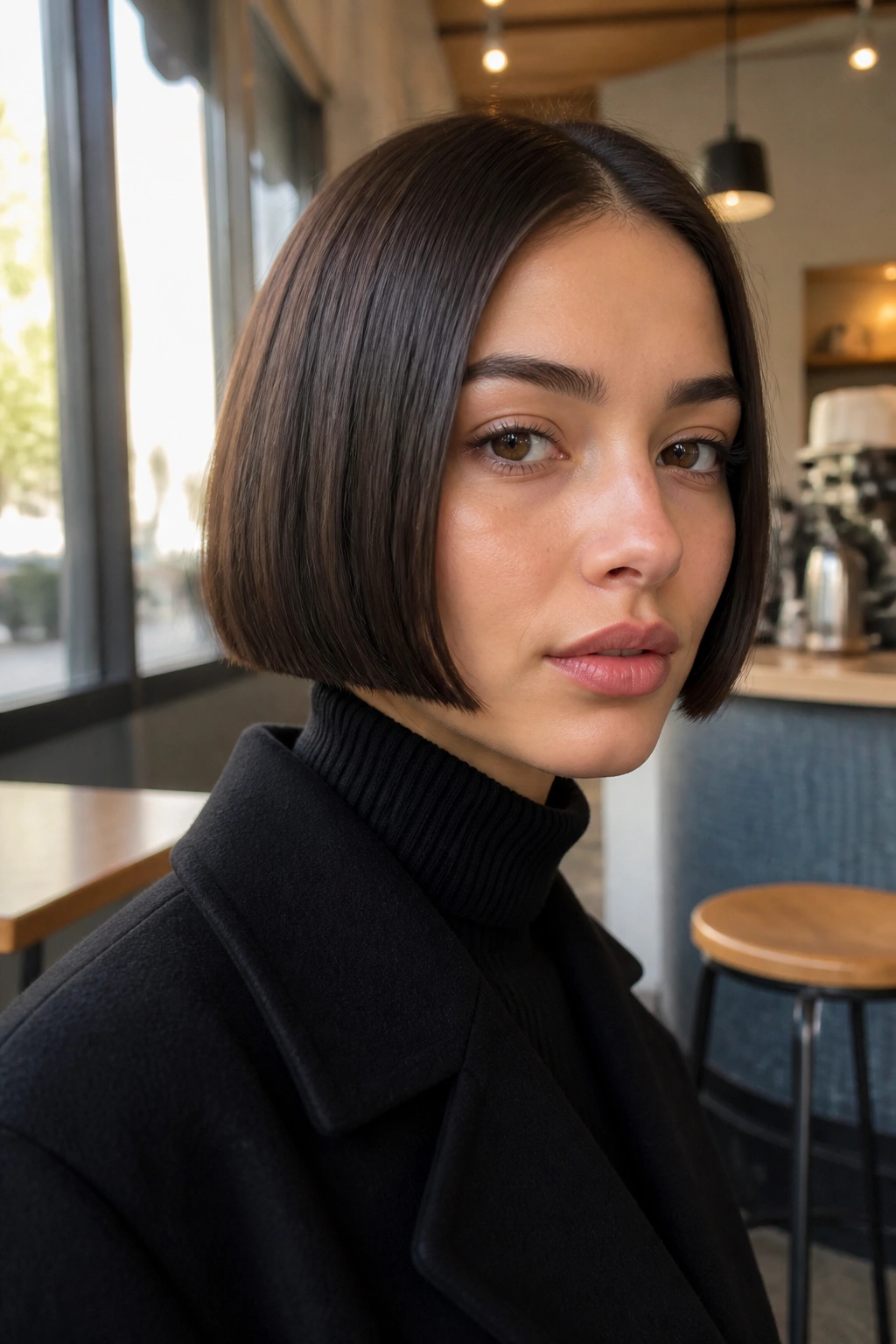 Close-up portrait of a person with a blunt micro bob and sharp straight edge.
