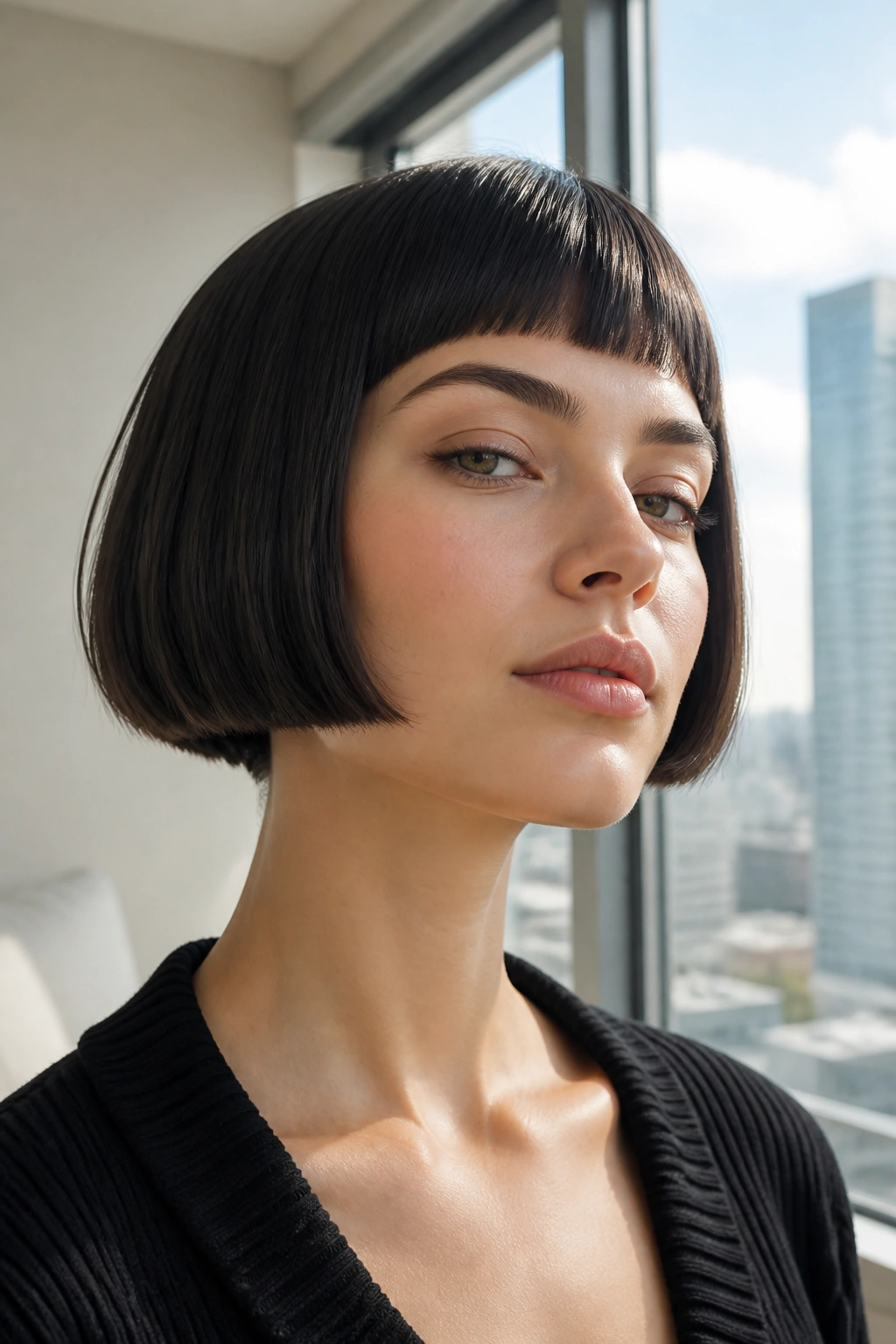 Woman displaying a blunt micro bob hairstyle close-up
