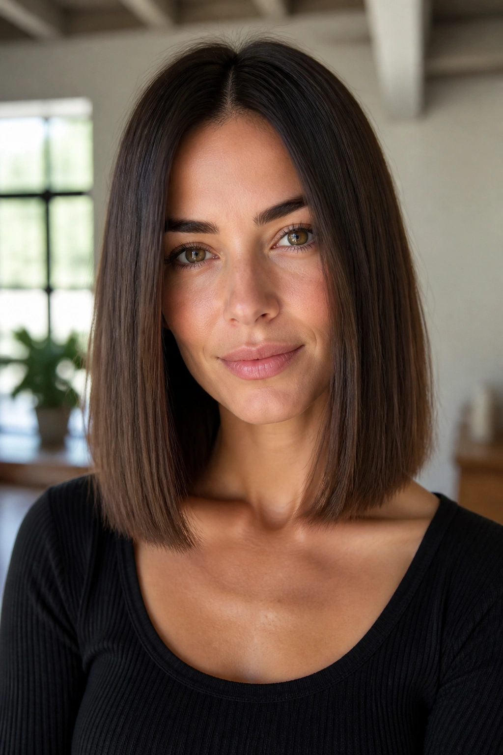Real woman with blunt mid-length cut and center part.