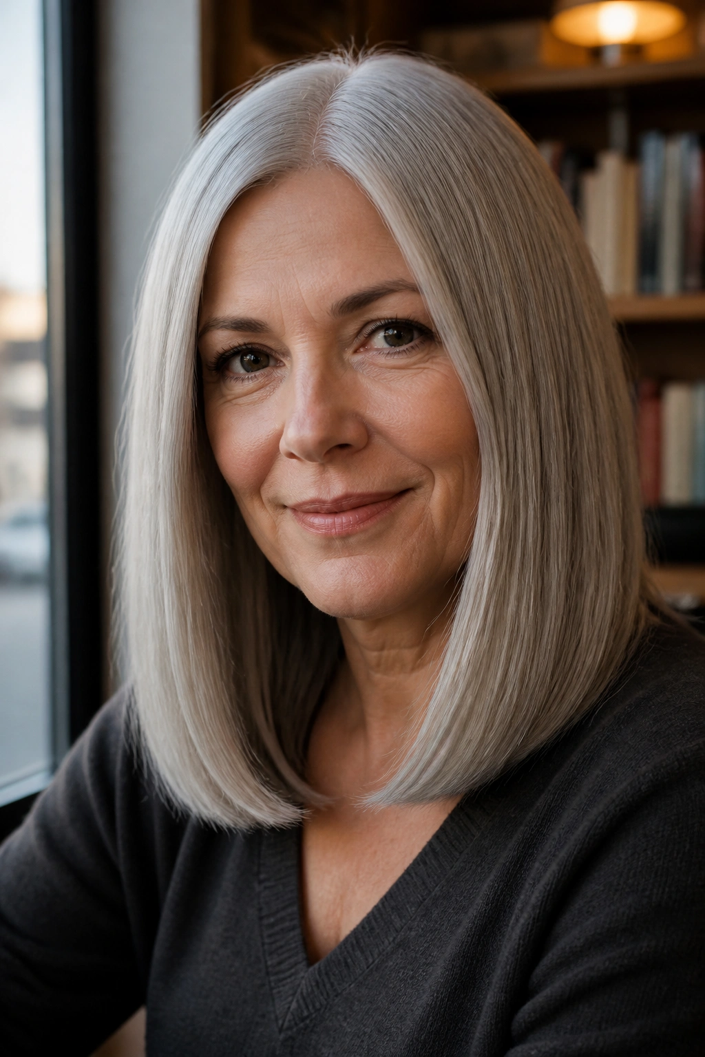 Close-up portrait of a real woman with blunt mid-length gray hair
