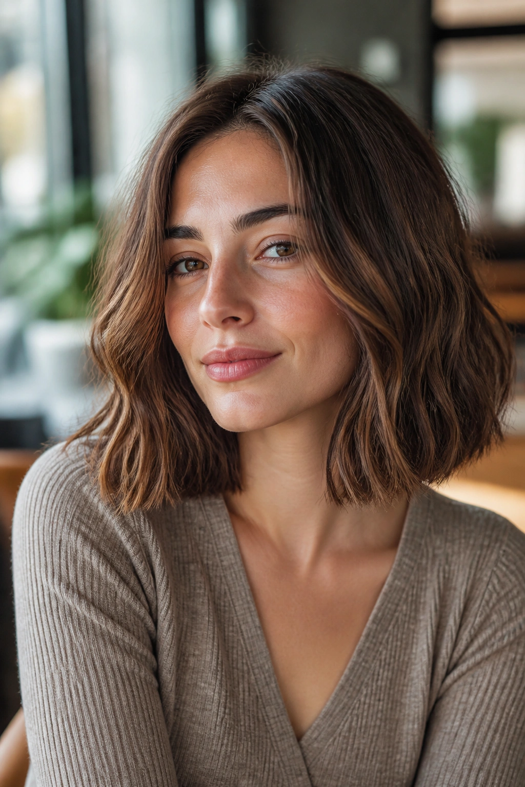 Close-up portrait of a real woman with blunt mid-length hair and clean perimeter